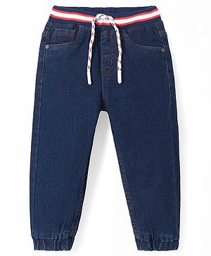 Babyhug Cotton Full Length Solid Joggers with Ribbed Waist - Dark Blue