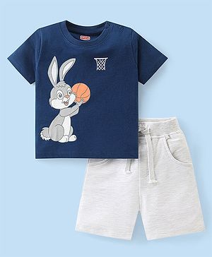 Babyhug Cotton Knit Half Sleeves T-Shirt & Shorts Set With Bunny Print - Navy