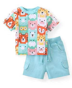 Babyhug Cotton Knit Half Sleeves T-Shirt & Shorts Set With Animal Print - Blue