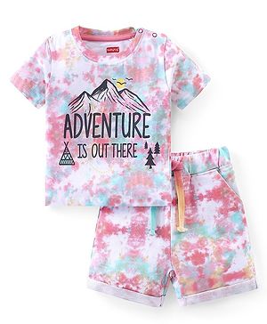 Babyhug Cotton Knit Half Sleeves Tie & Dye T-Shirt & Shorts Set With Text Print - Multicolor