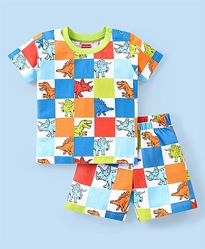 Babyhug Cotton Knit Half Sleeves Checked Night Suit Dino Print - Blue