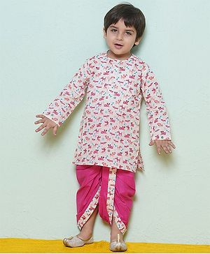 AJ Dezines Pure Cotton Full Sleeves Animals Printed Coordinating Kurta & Dhoti Set - Pink