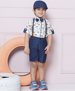 AJ Dezines Half Sleeves Animals Printed Shirt Shorts With Cap & Suspender Set - Orange