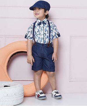 AJ Dezines Half Sleeves Dolphins Printed Shirt Shorts With Cap & Suspender Set - White