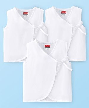 Babyhug 100% Cotton Woven Sleeveless Side Tie Knot Jhablas Solid Pack of 3 - White