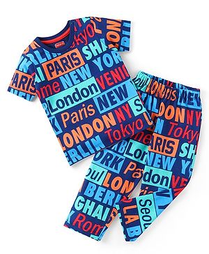 Babyhug Cotton Knit Half Sleeves Text Printed Night Suit - Multicolour