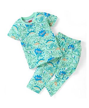 Babyhug Cotton Knit Half Sleeves Dinosaurs Printed Night Suit - Green