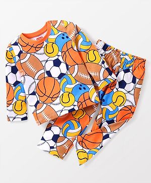 Babyhug Cotton Knit Full Sleeves Night Suit Sports Print - Orange