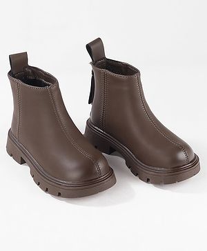 Oh! Pair Slip On Solid Winter Boots with Zipper Closure - Brown