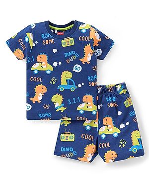 Babyhug Cotton Knit Half Sleeves Dino Print Night Suit - Navy Blue