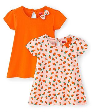 Babyhug Single Jersey Knit Half Sleeves Solid & Carrot Printed Frocks with Bow Applique Pack of 2 - Orange & Pink