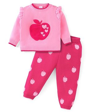 Babyhug Knitted Full Sleeves Sweater Set with Apple Design & Embroidery - Pink