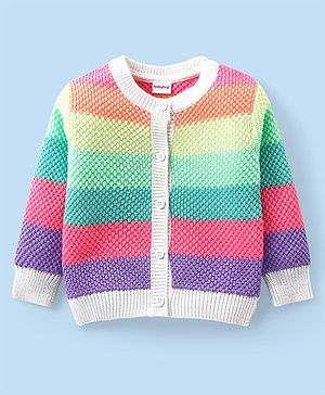 Babyhug Knitted Full Sleeves Front Open Striped  Sweater - Multicolour