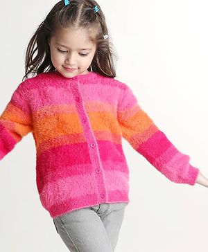 Babyhug Knitted Full Sleeves Striped Front Open Sweater- Multicolor
