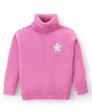Babyhug Knit Full Sleeves Solid Colour Turtle Neck Sweater with Star Applique - Pink