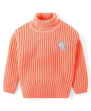Babyhug Knit Full Sleeves Solid Colour Turtle Neck Sweater with Star Applique - Orange