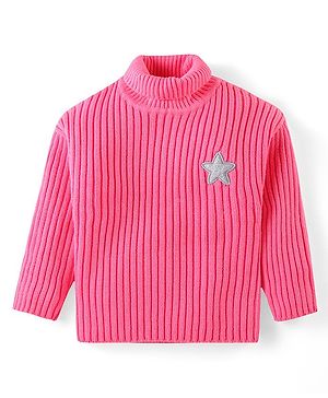 Babyhug Knit Full Sleeves Solid Colour Turtle Neck Sweater with Star Applique - Pink