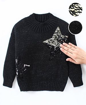 Babyhug Knitted Full Sleeves Shimmered Pullover Sweater with Reversible Sequins Detailing - Black
