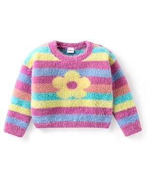 Babyhug Knitted Full Sleeves Pullover Sweater with Striped & Floral Design - Multicolour