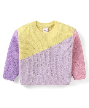 Babyhug  Knit Full Sleeves Pullover Sweater with Colour Block Design - Lilac Yellow & Pink