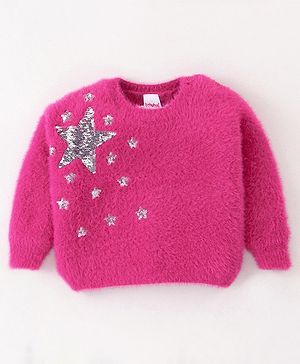 Babyhug Knitted Full Sleeves Pullover Sweater with Sequin Star Embroidery - Fuchsia