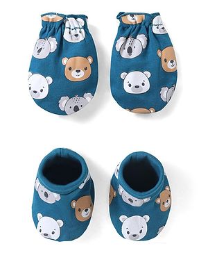 Babyhug 100% Cotton Bear Printed Mittens & Booties  - Navy Blue