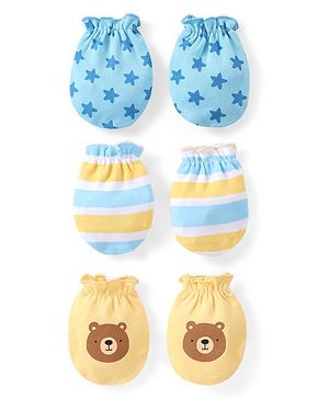 Babyhug 100% Cotton Mittens Multicolor Pack of 3 - Blue & Yellow