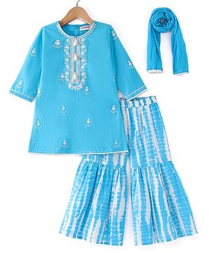 Babyhug Full Sleeves Cotton Woven Embroidered Kurta Gharara Set with Dupatta Tie & Dye Print - Blue & White