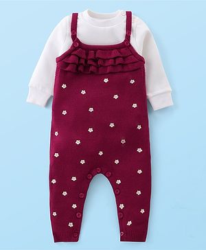 Babyhug Sweater Knit Winter Wear Romper with Full Sleeves Inner Tee with Floral Design & Frill Detailing - Magenta
