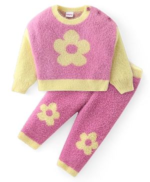 Babyhug Knitted Full Sleeves Winter Wear Suit With Floral Print - Pink