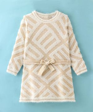 Babyhug Knitted Full Sleeves Designed Woollen Dress - White