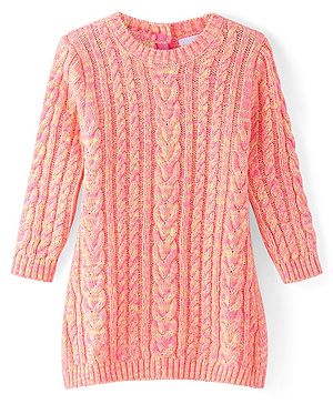 Babyhug Full Sleeves Cable Knit Woollen Dress - Light Peach