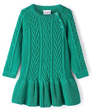 Babyhug Knit Full Raglan Sleeves Cable Knit Woolen Dress - Green