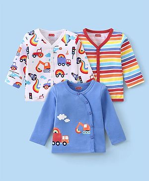 Babyhug 100 % Cotton Knit Full Sleeves  Front Open Vests With Stripes & Vehicle Print Pack Of 3 - Multicolor