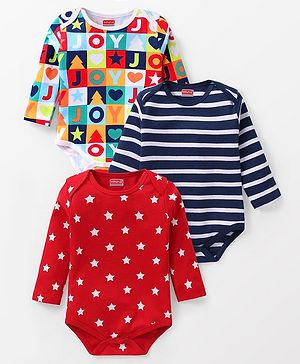 Babyhug 100% Cotton Knit Full Sleeves Alphabet Print Onesies Pack of 3 - Multicolour