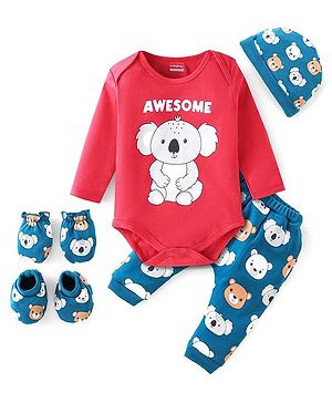 Babyhug 100% Cotton Onesies with Leggings and Cap Mittens Booties With Animals Print - Blue & Red