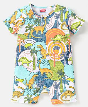 Babyhug 100% Cotton Knit Half Sleeves Romper with Dino Print - Multicolour