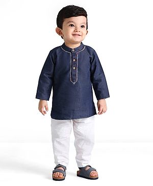 Babyhug Cotton Woven Cambric Full Sleeves Solid Denim Kurta Pyjama Set With Embroidery Detailing - Blue
