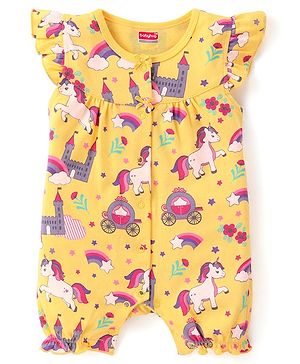 Babyhug 100% Cotton Knit Frill Sleeves Unicorn Printed Front Open Romper - Yellow