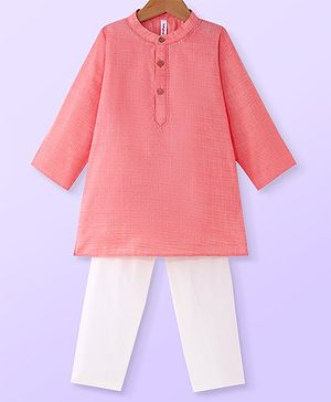 Babyhug Cambric Woven Full Sleeves Embroidered Kurta Pyjama Set - Coral