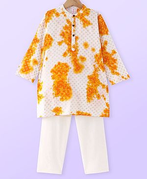 Babyhug Cotton Cambric Woven Foil Printed Full Sleeves Tie & Dye Kurta Pyjama Set - Yellow