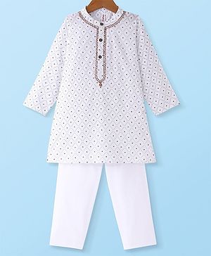 Babyhug Cambric Woven Full Sleeves Embroidered Kurta & Pyjama Set - Off White