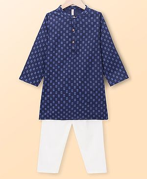Babyhug Cabric Woven Full Sleeves Floral Printed Kurta & Pyjama Set - Navy Blue