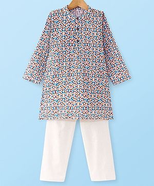 Babyhug Cambric Full Sleeves Printed Kurta Pyjama Set - White & Blue