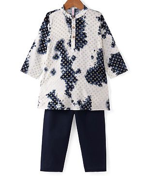 Babyhug Cambric Foil Printed Tie and Dye Kurta Pyjama Set - White & Navy