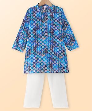 Babyhug Cotton Woven Cambric Floral Printed Full Sleeves Kurta & Pyjama Set - Blue