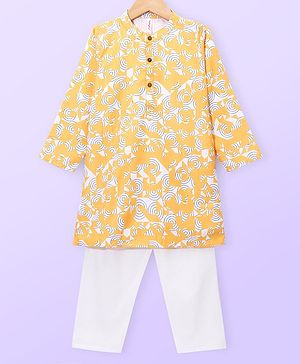 Babyhug Cotton Woven Cambric Full Sleeves Kurta Pyjama Set Geometric Print - Yellow