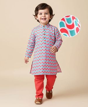 Babyhug Cotton Woven Cambric Printed Full Sleeves Kurta & Pyjama Set - Red