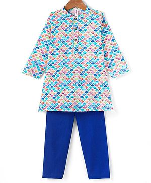 Babyhug Cotton Cambric Full Sleeves Kurta Pyjama Set Rainbow Print - Blue