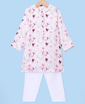 Babyhug Cotton Woven Cambric Floral Printed Full Sleeves Kurta & Pyjama Set - White